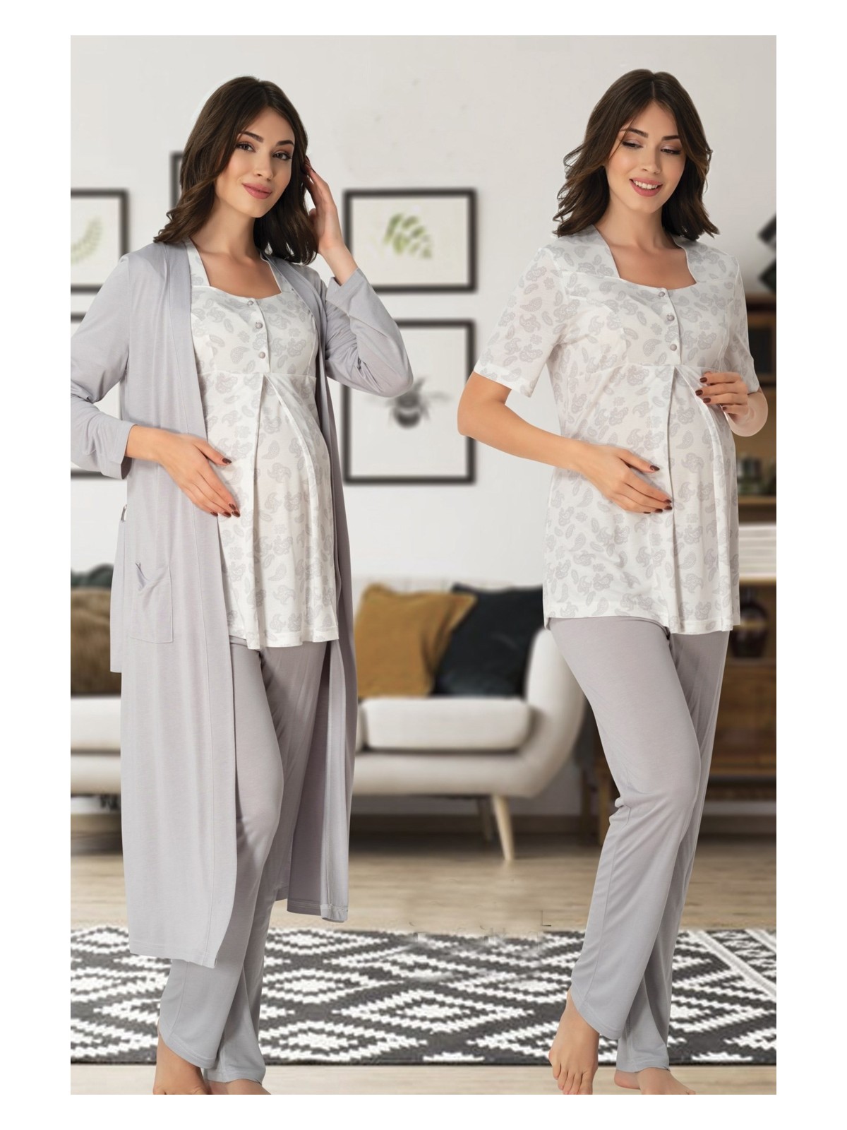 Effort Kısa Kol Desenli Lohusa Pijama Sabahlık Takım Effort 8014