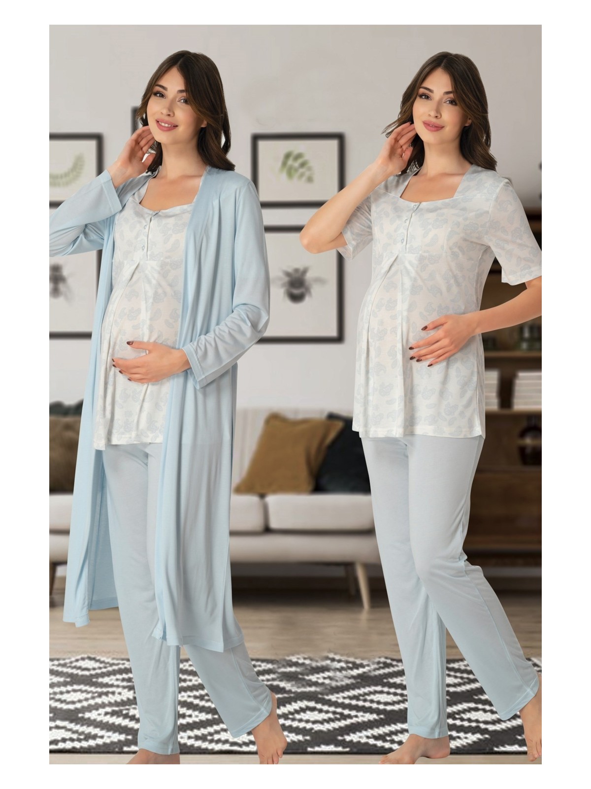 Effort Kısa Kol Desenli Lohusa Pijama Sabahlık Takım Effort 8014