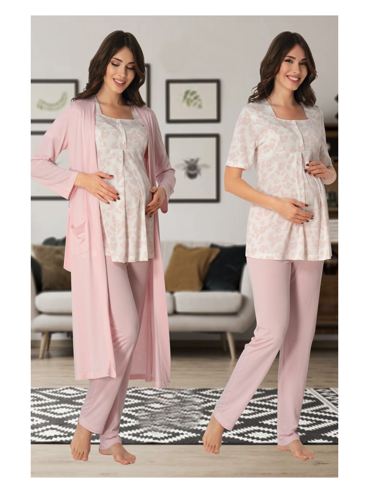 Effort Kısa Kol Desenli Lohusa Pijama Sabahlık Takım Effort 8014 - Görsel 5