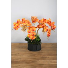 Yapay Çiçek Deposu Dekoratif Ahşap Saksıda 7 Dal Orkide Tanzimi Turuncu
