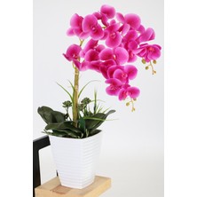 Yapay Çiçek Deposu Melamin Beyaz Saksıda 2 Dal Orkide Aranjmanı 65 cm Fuşya
