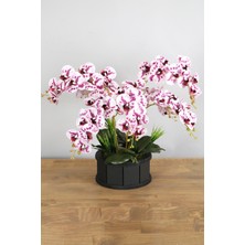 Yapay Çiçek Deposu Dekoratif Ahşap Saksıda 7 Dal Orkide Tanzimi Mor Benekli
