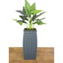 Yapay Çiçek Deposu Yapay Alocasia Bitkisi Ahşap Saksıda 120 cm Yeşil-Gri