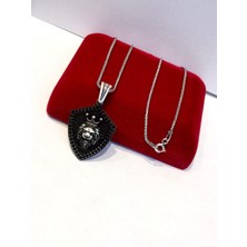 TMT Silver Gümüş Siyah Zirkon Taşlı Aslan Kral Erkek Kolye