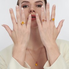 Roren Beyaz Swarovski Taşlı Gümüş Kehribar Yüzük