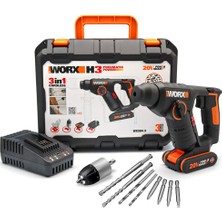 Worx WX394.3 20VOLT 2.0AH. Li-Ion 1.5j Profesyonel Sds-Plus Pnömatik Şarjlı Matkap + 9 Adet Uç + Mandren