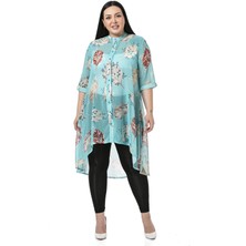 Büyük Beden Dik Yaka Kısa Kollu Arkası Uzun Şifon Mint Yeşili Tunik Gömlek