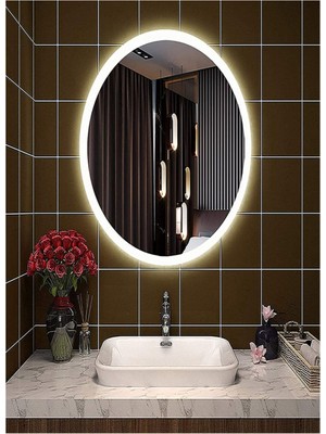 Global Led Mirror 55X75 cm Kumlamalı Elips Ledli Ayna Banyo Aynası Dekoratif Ayna Boy Ayna Salon Duvar Ayna