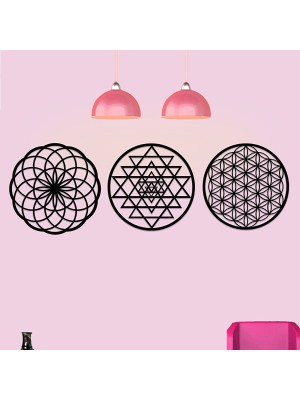 Leylaser Ahşap 3 mm Mdfyaşam Çiçeği Sri Yantra ve Torus 3'lü Set Duvar Tablosu 35X35