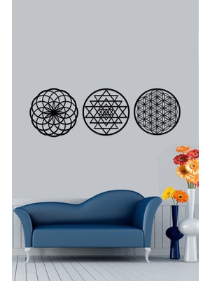 Leylaser Ahşap 3 mm Mdfyaşam Çiçeği Sri Yantra ve Torus 3'lü Set Duvar Tablosu 35X35