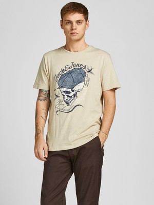 Jack & Jones 12205684_Jordome Tee Bisiklet Yaka Standart Kalıp Baskılı Krem Erkek T-Shirt