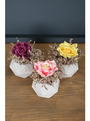 Yapay Çiçek Deposu Yapay Gül 3lü Set Beton Saksılı Mürdüm-Sarı-Pembe
