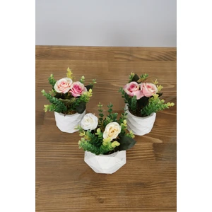 Yapay Çiçek Deposu Beton Saksıda Yapay Gül Okaliptus Aranjmanı 3lü Set Beyaz-Açık Pembe
