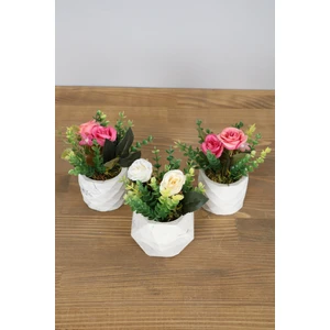 Yapay Çiçek Deposu Beton Saksıda Yapay Gül Okaliptus Aranjmanı 3lü Set Beyaz-Pembe
