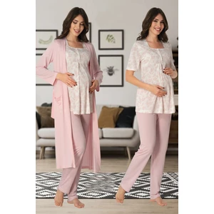 Kısa Kol Desenli Lohusa Pijama Sabahlık Takım Effort 8014