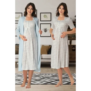 Kısa Kol Desenli Lohusa Gecelik Sabahlık Takım Effort 8015