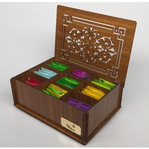 Ahşap Ceviz Renk Çay Kutusu 9 Bölmeli Kapaklı Bitki Çayı Kutusu Tea Box