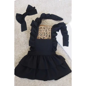 Askıları Fırfırlı Kat Kat Siyah Kız Çocuk Elbise Bandana Takım 1-8 Yaş