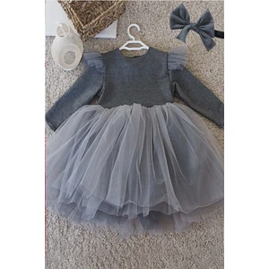 Shecco Babba Uzun Kollu Gri Kız Çocuk Tütü Elbise Bandana Takım 1-8 Yaş