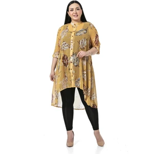 Disentis Modest Büyük Beden Dik Yaka Kısa Kollu Arkası Uzun Şifon Hardal Tunik Gömlek