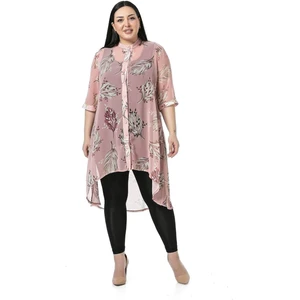 Büyük Beden Dik Yaka Kısa Kollu Arkası Uzun Şifon Pembe Tunik Gömlek