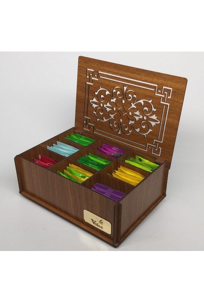 Ankaflex Ahşap Ceviz Renk Çay Kutusu 9 Bölmeli Kapaklı Bitki Çayı Kutusu Tea Box