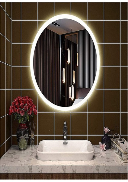 65X85 cm Kumlamalı Elips Ledli Ayna Banyo Aynası Dekoratif Ayna Boy Ayna Salon Duvar Ayna