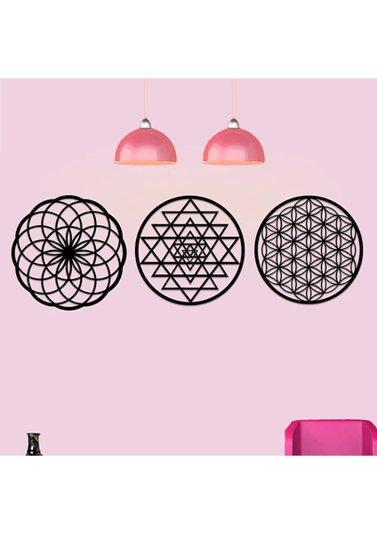 Ahşap 3 mm Mdfyaşam Çiçeği Sri Yantra ve Torus 3'lü Set Duvar Tablosu 35X35