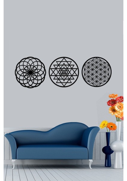 Ahşap 3 mm Mdfyaşam Çiçeği Sri Yantra ve Torus 3'lü Set Duvar Tablosu 35X35