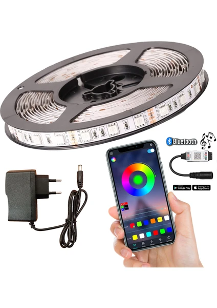 Amber LED Bluetoothlu ve Müziğe Duyarlı Rgb Şerit LED Set Tak Çalıştır 5050 3 Çipli Iç Mekan Silikonsuz