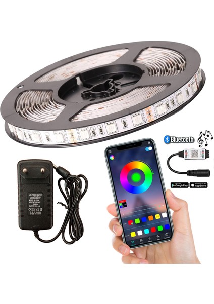 Amber LED Bluetoothlu ve Müziğe Duyarlı Rgb Şerit LED Set Tak Çalıştır 5050 3 Çipli Iç Mekan Silikonsuz