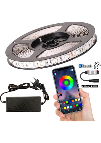 Amber LED Bluetoothlu ve Müziğe Duyarlı Rgb Şerit LED Set Tak Çalıştır 5050 3 Çipli Iç Mekan Silikonsuz