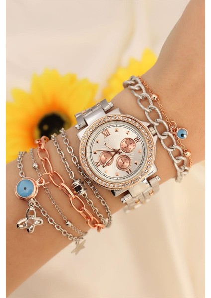 Gümüş Metal Kordonlu Rose Taşlı Kasa Tasarımlı Roma Rakamlı Saat ve Bileklik Seti