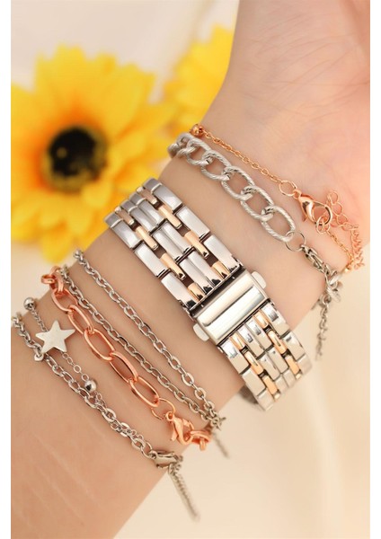 Gümüş Metal Kordonlu Rose Taşlı Kasa Tasarımlı Roma Rakamlı Saat ve Bileklik Seti fiyatları