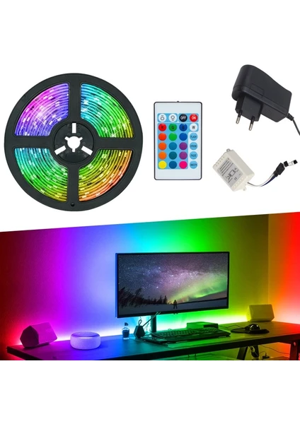 İdeal Gelsin Idealgelsin  Rgb Şerit LED Iç ve Dış Mekan 5 Metre Kumandalı Set Tak Çalıştır 16 Renk, 24 Tuşlu Kumanda, Adaptor, Silikonlu, 5mt 300 LED