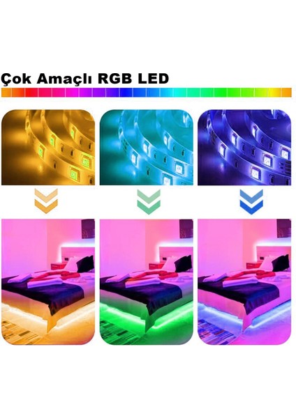 İdeal Gelsin Idealgelsin  Rgb Şerit LED Iç ve Dış Mekan 5 Metre Kumandalı Set Tak Çalıştır 16 Renk, 24 Tuşlu Kumanda, Adaptor, Silikonlu, 5mt 300 LED