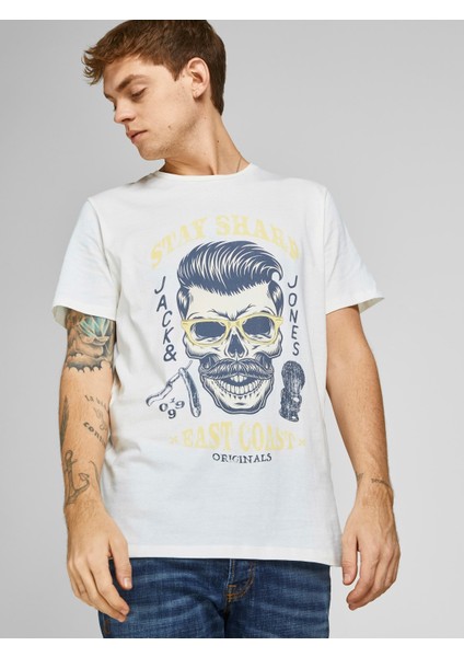 12205684_Jordome Tee Bisiklet Yaka Standart Kalıp Baskılı Kırık Beyaz Erkek T-Shirt
