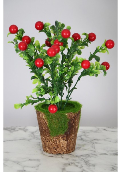 Dekoratif Yosunlu Saksıda Yapay Kiraz Demeti 30 Cm