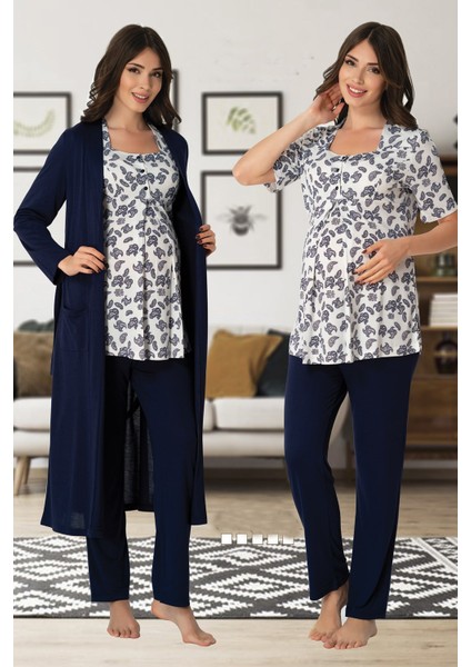 Kısa Kol Desenli Lohusa Pijama Sabahlık Takım Effort 8014