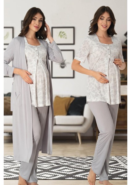 Kısa Kol Desenli Lohusa Pijama Sabahlık Takım Effort 8014