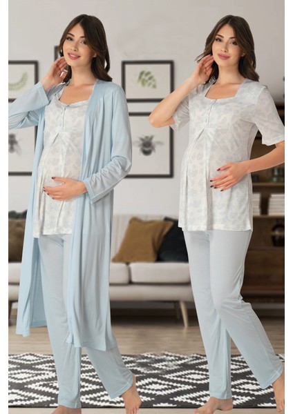 Kısa Kol Desenli Lohusa Pijama Sabahlık Takım Effort 8014