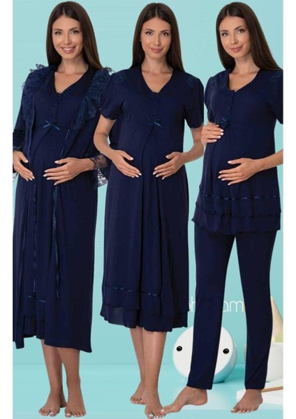 Lohusa Kısa Kol Pijama Gecelik Sabahlık Set Takım Effort 8026