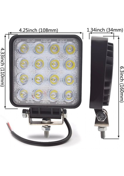 2 Adet 16 Ledli Off Road Çalışma Lambası / Projektör 48WATT 12V /