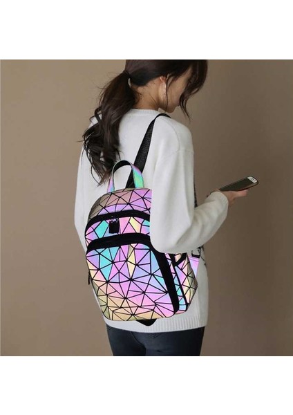 Kadın Işık Sırt Çantası Moda Geometrik Elmas Seyahat Omuz Çantası Katlanır Öğrenci Okul Shine Backpack (Yurt Dışından)