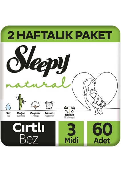 Natural 2 Haftalık Paket Bebek Bezi 3 Numara Midi 60 Adet