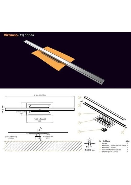 Virtuoso Duş Kanalı 80 cm Mat + Sifon fiyatları