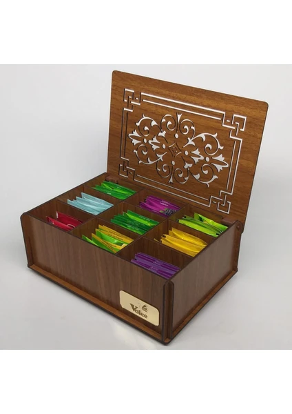 Ahşap Ceviz Renk Çay Kutusu 9 Bölmeli Kapaklı Bitki Çayı Kutusu Tea Box