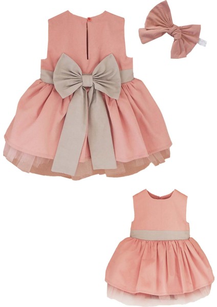 Pembe Gri Fiyonklu Kız Çocuk Tütü Elbise Bandana Takım 1-8 Yaş