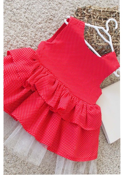 Kırmızı Puantiyeli Fiyonklu Kız Çocuk Tütü Elbise Bandana Takım 1-8 Yaş modelleri