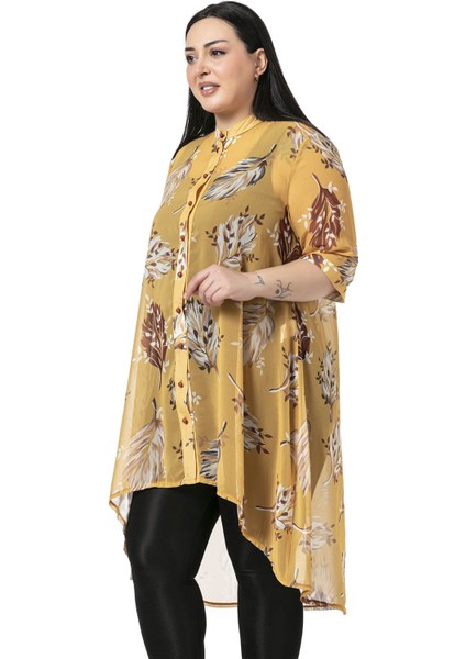 Büyük Beden Dik Yaka Kısa Kollu Arkası Uzun Şifon Hardal Tunik Gömlek fiyatları